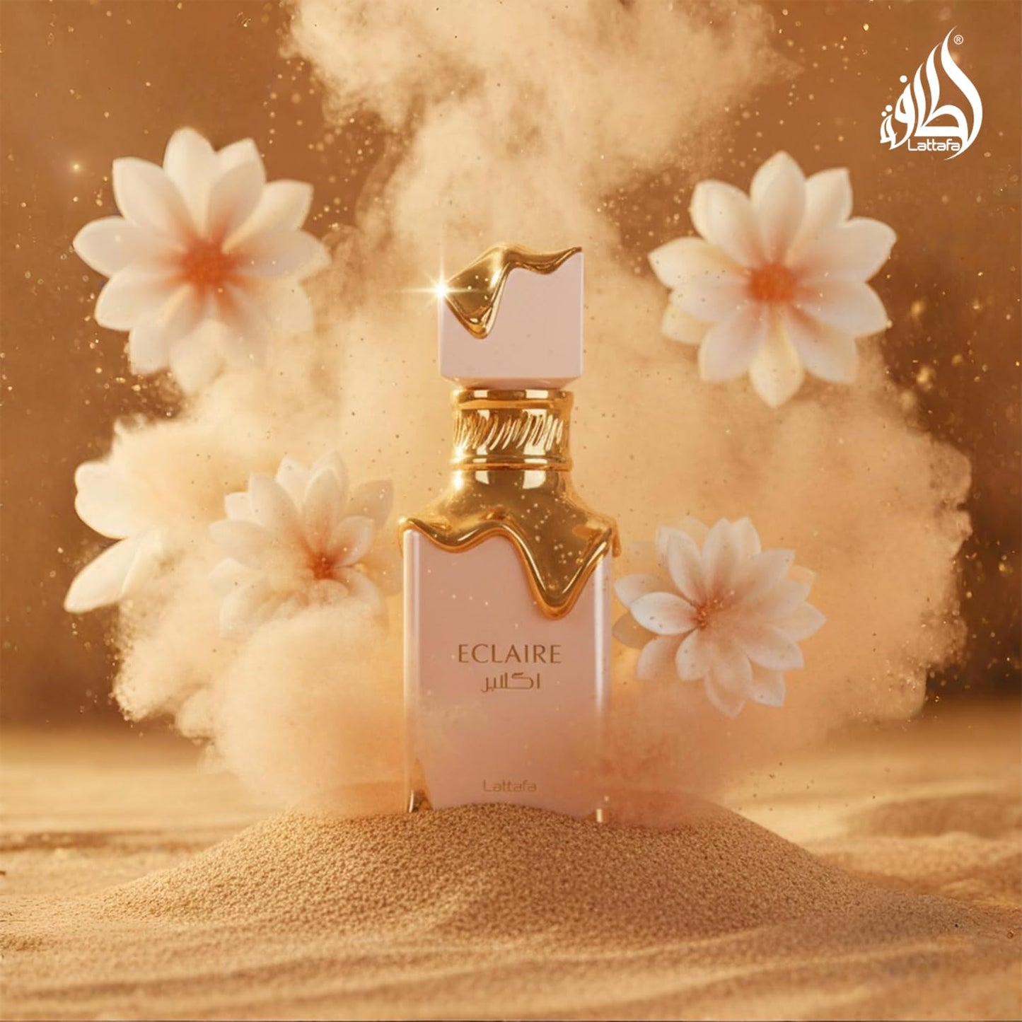 Lattafa Eclaire Eau de Parfum 100 ml bottle – creamy caramel gourmand fragrance with milk, honey, vanilla, and praline musky base