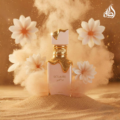 Lattafa Eclaire Eau de Parfum 100 ml bottle – creamy caramel gourmand fragrance with milk, honey, vanilla, and praline musky base