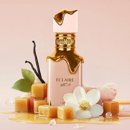Lattafa Eclaire Eau de Parfum 100 ml bottle – creamy caramel gourmand fragrance with milk, honey, vanilla, and praline musky base