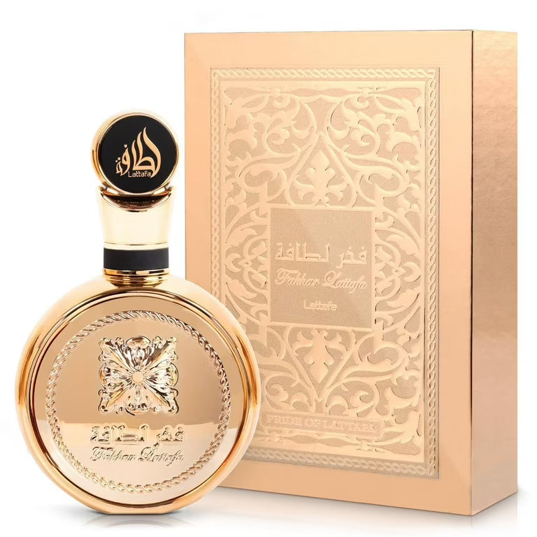Lattafa Fakhar Gold Extrait Eau de Parfum 100 ml bottle – floral vanilla fragrance with tuberose, amber, cashmeran, leather, and creamy musky base