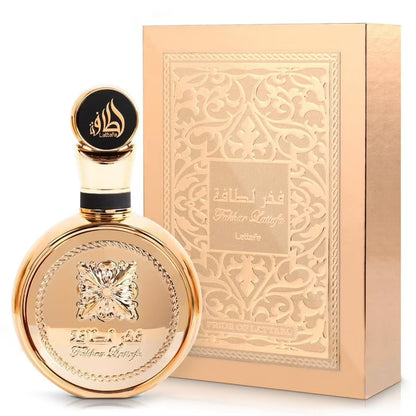 Lattafa Fakhar Gold Extrait Eau de Parfum 100 ml bottle – floral vanilla fragrance with tuberose, amber, cashmeran, leather, and creamy musky base