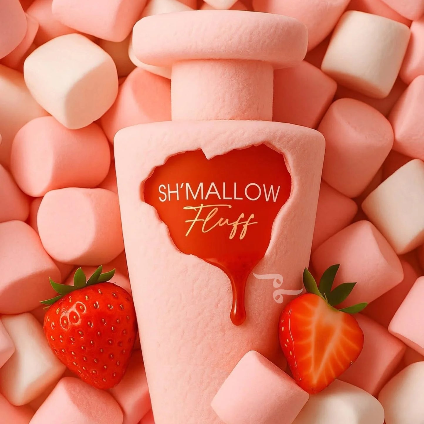 Shmallow Fluff product surrounded by pink marshmallows and strawberries