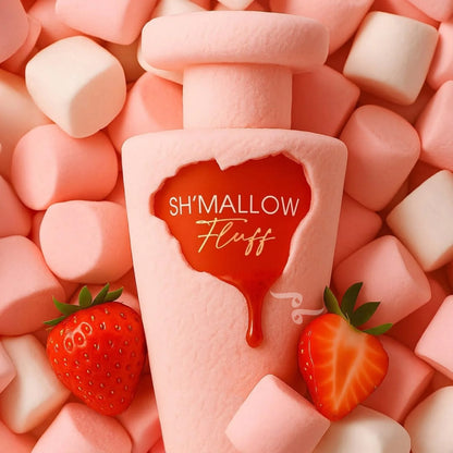 Shmallow Fluff product surrounded by pink marshmallows and strawberries