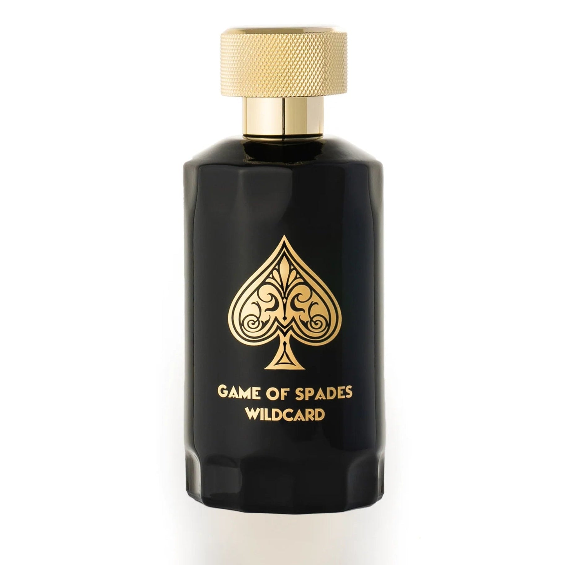 Black perfume bottle with gold cap and 'Game of Spades Wildcard' text on a white background