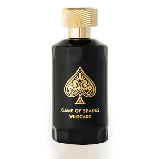 Black perfume bottle with gold cap and 'Game of Spades Wildcard' text on a white background