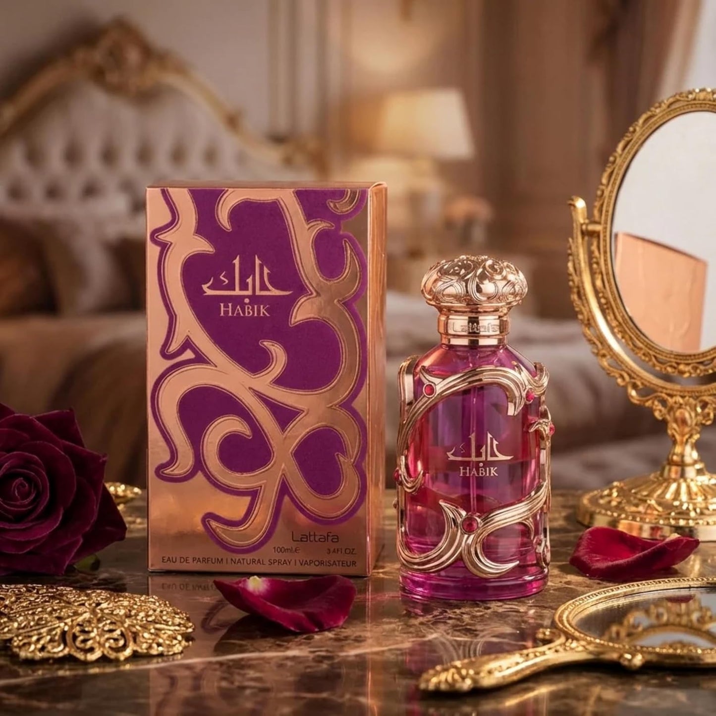 Lattafa Habik for Women Eau de Parfum 100 ml bottle – fruity floral musk fragrance with pear, jasmine, freesia, amber, and oakmoss base