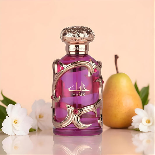 Lattafa Habik for Women Eau de Parfum 100 ml bottle – fruity floral musk fragrance with pear, jasmine, freesia, amber, and oakmoss base