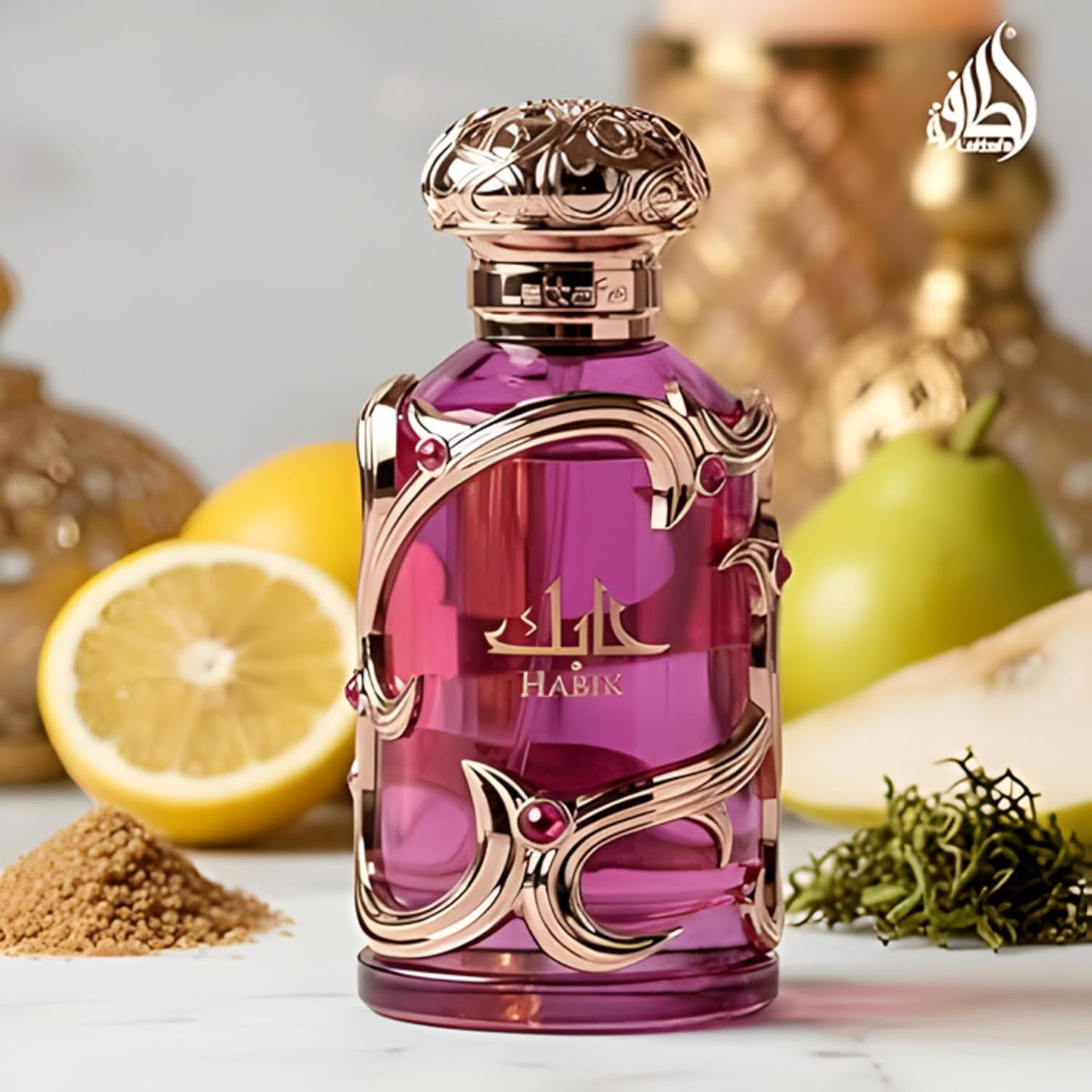 Lattafa Habik for Women Eau de Parfum 100 ml bottle – fruity floral musk fragrance with pear, jasmine, freesia, amber, and oakmoss base