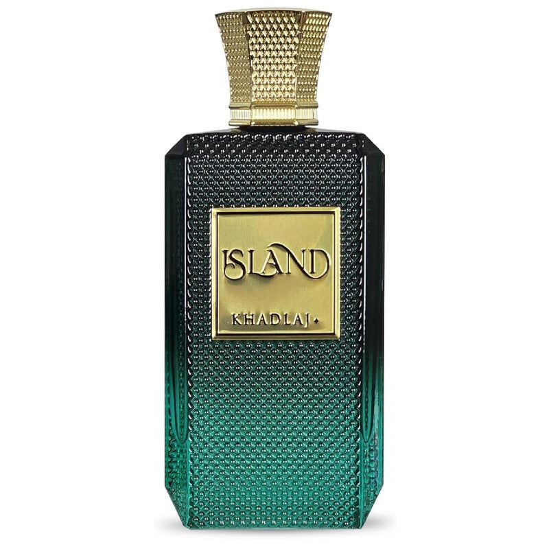 Perfume bottle with gold cap and 'Island' branding on a white background