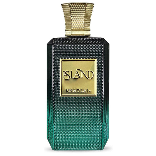 Perfume bottle with gold cap and 'Island' branding on a white background