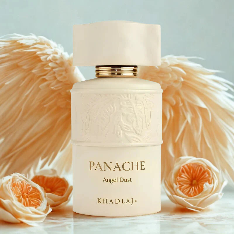 Khadlaj Angel Dust Panache Eau de Parfum 100 ml bottle – powdery sweet fragrance with soft florals and creamy vanilla musky base