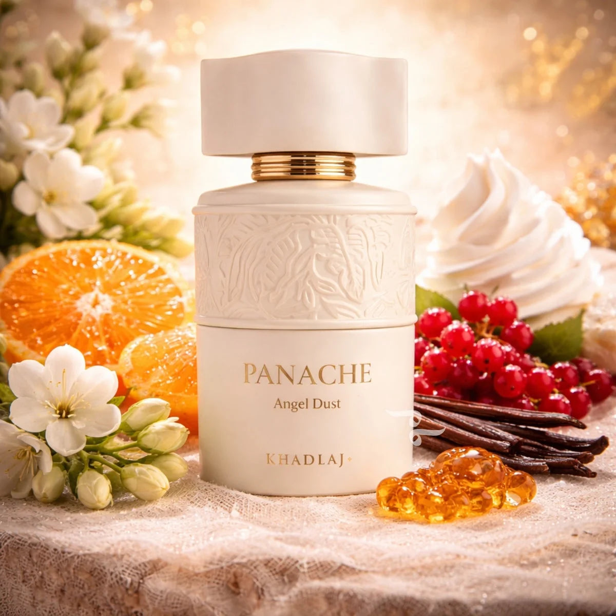 Khadlaj Angel Dust Panache Eau de Parfum 100 ml bottle – powdery sweet fragrance with soft florals and creamy vanilla musky base