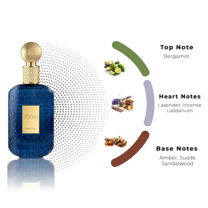 Khadlaj Icon Eau de Parfum 100 ml bottle – oriental woody fragrance with bergamot, incense, suede, sandalwood, and amber base
