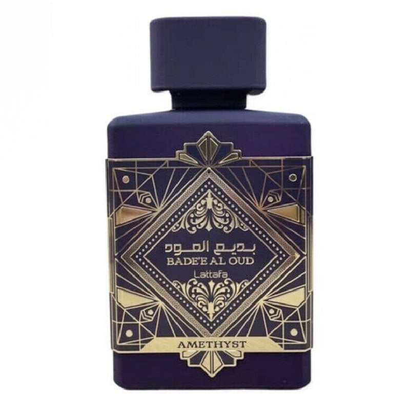 Lattafa Bade’e Al Oud Amethyst Eau de Parfum bottle front view on white background