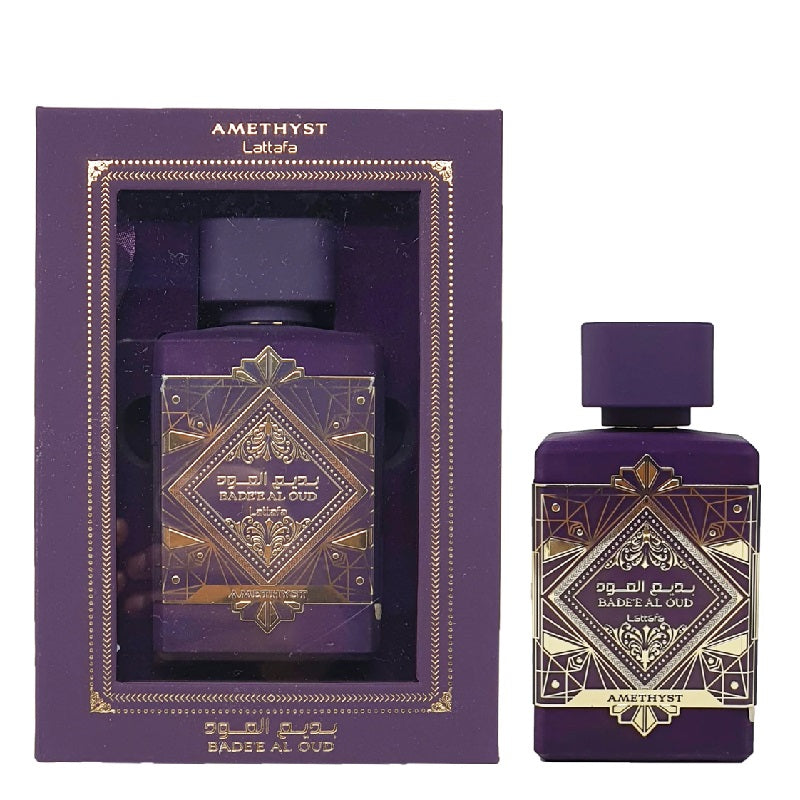 Lattafa Bade’e Al Oud Amethyst bottle and presentation box on white background