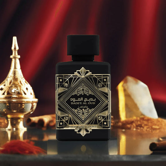Lattafa Bade’e Al Oud Oud for Glory Eau de Parfum 100 ml bottle – spicy oud fragrance with saffron, patchouli, and warm musky base