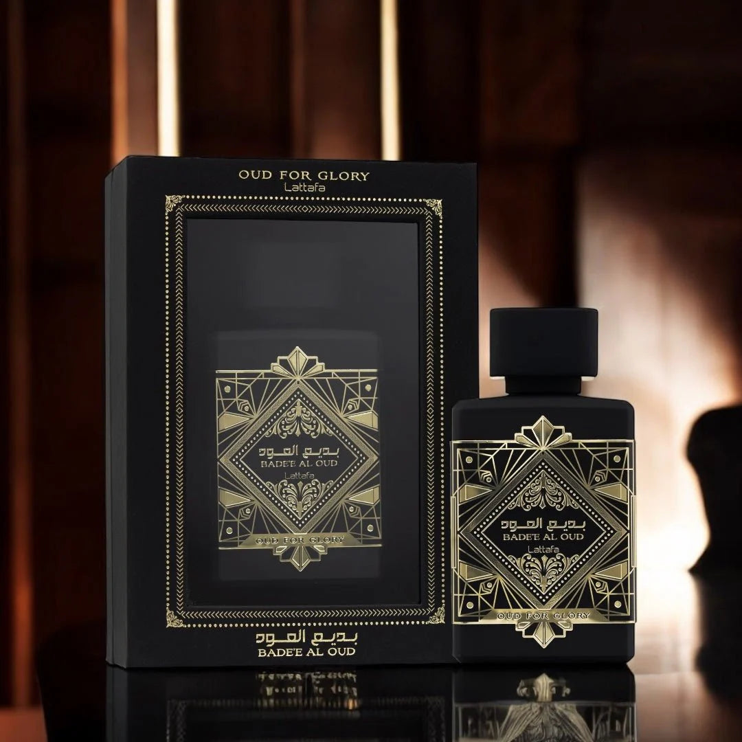 Lattafa Bade’e Al Oud Oud for Glory Eau de Parfum 100 ml bottle – spicy oud fragrance with saffron, patchouli, and warm musky base