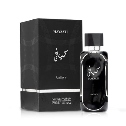 Lattafa Hayaati Eau de Parfum 100 ml bottle – fresh spicy woody fragrance with apple, cinnamon, vanilla, and musky amber base