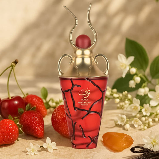 Lattafa Taraf Eau de Parfum 100 ml bottle – fruity floral gourmand fragrance with pear, praline, vanilla, and musky base