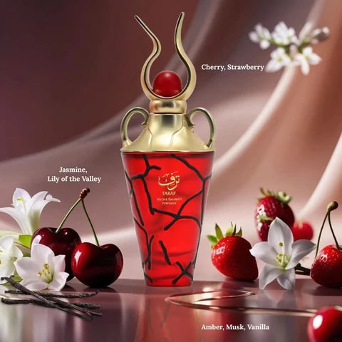 Lattafa Taraf Eau de Parfum 100 ml bottle – fruity floral gourmand fragrance with pear, praline, vanilla, and musky base