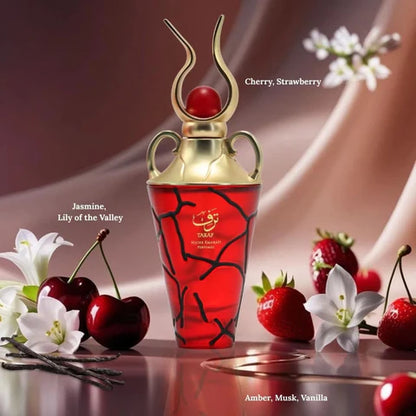 Lattafa Taraf Eau de Parfum 100 ml bottle – fruity floral gourmand fragrance with pear, praline, vanilla, and musky base
