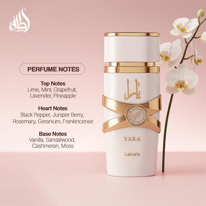 Lattafa Yara Moi Eau de Parfum 100 ml bottle – creamy gourmand fragrance with peach, caramel, amber, sandalwood, and soft floral notes