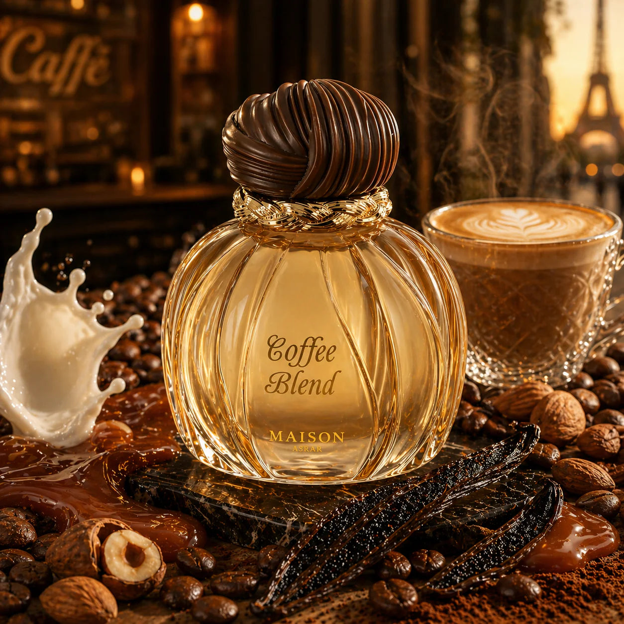 Maison Asrar Coffee Blend Eau de Parfum 100 ml bottle – coffee gourmand fragrance with vanilla, amber, woods, and creamy musky base