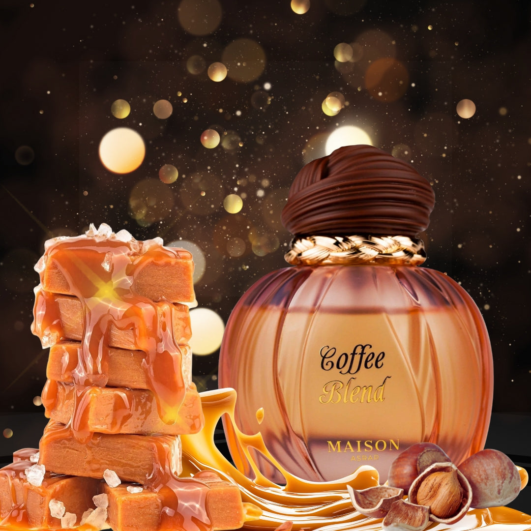 Maison Asrar Coffee Blend Eau de Parfum 100 ml bottle – coffee gourmand fragrance with vanilla, amber, woods, and creamy musky base