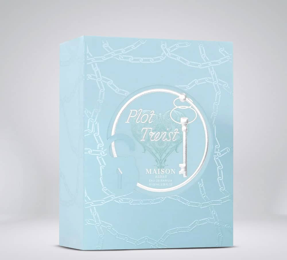Maison Asrar Plot Twist Eau de Parfum 100 ml bottle – fruity woody gourmand fragrance with vanilla, amber, creamy sweetness, and musky woody base