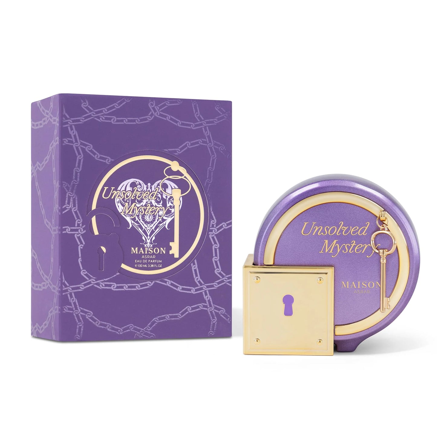 Maison Asrar Unsolved Mystery Eau de Parfum 100 ml bottle – fruity floral gourmand fragrance with vanilla, amber, jasmine, and creamy musky base