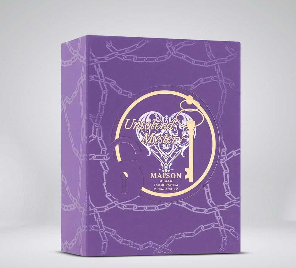 Maison Asrar Unsolved Mystery Eau de Parfum 100 ml bottle – fruity floral gourmand fragrance with vanilla, amber, jasmine, and creamy musky base