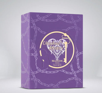 Maison Asrar Unsolved Mystery Eau de Parfum 100 ml bottle – fruity floral gourmand fragrance with vanilla, amber, jasmine, and creamy musky base