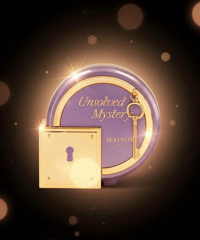 Maison Asrar Unsolved Mystery Eau de Parfum 100 ml bottle – fruity floral gourmand fragrance with vanilla, amber, jasmine, and creamy musky base