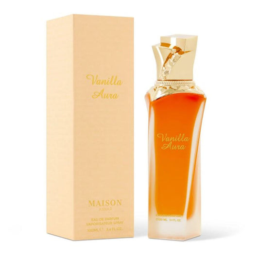 Maison Asrar Vanilla Aura Eau de Parfum 100 ml bottle – creamy vanilla gourmand fragrance with amber, sandalwood, soft florals, and musky base