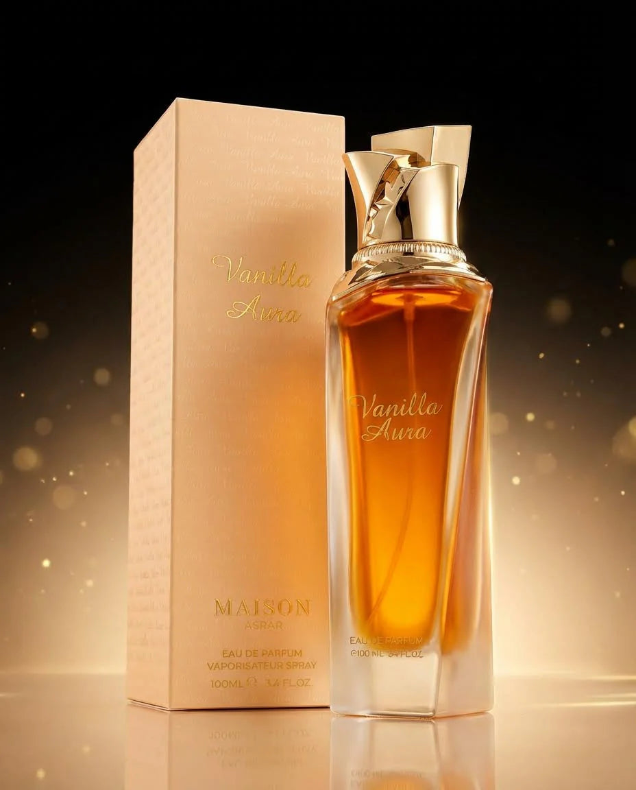 Maison Asrar Vanilla Aura Eau de Parfum 100 ml bottle – creamy vanilla gourmand fragrance with amber, sandalwood, soft florals, and musky base