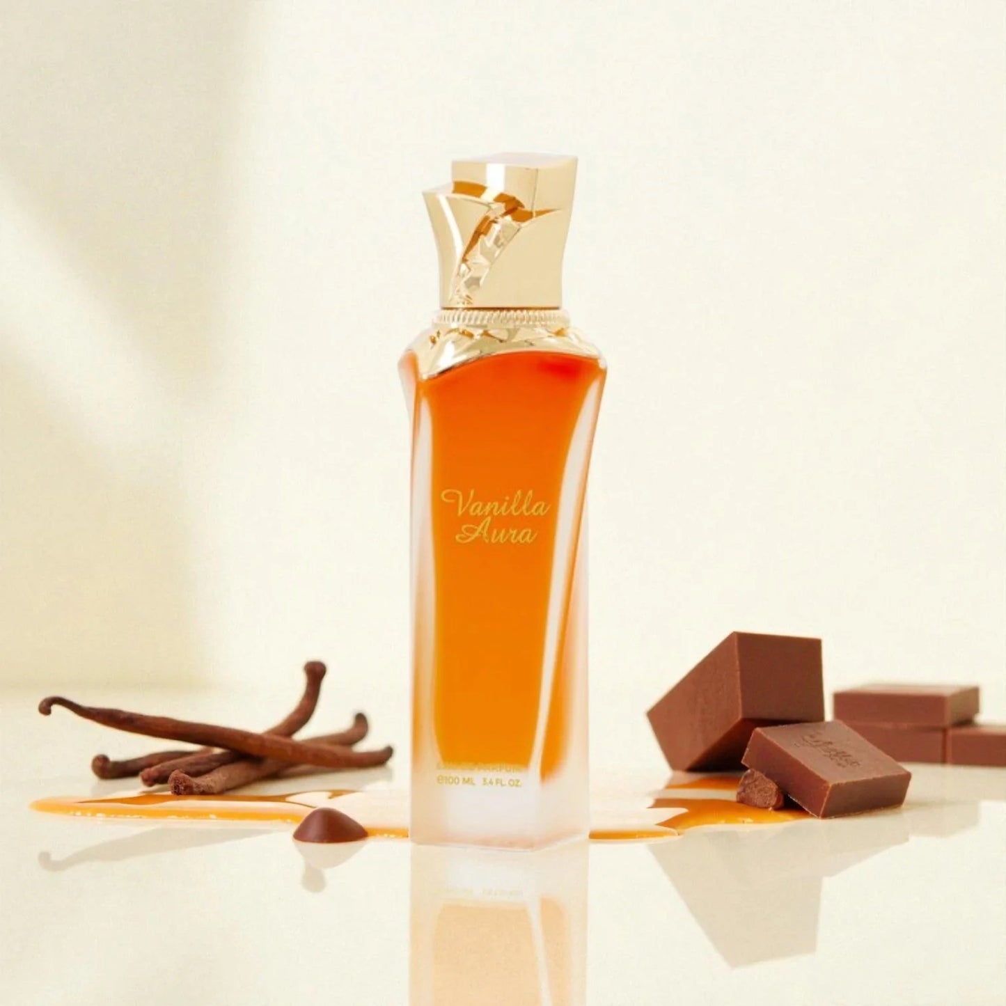 Maison Asrar Vanilla Aura Eau de Parfum 100 ml bottle – creamy vanilla gourmand fragrance with amber, sandalwood, soft florals, and musky base