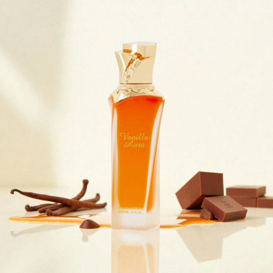 Maison Asrar Vanilla Aura Eau de Parfum 100 ml bottle – creamy vanilla gourmand fragrance with amber, sandalwood, soft florals, and musky base