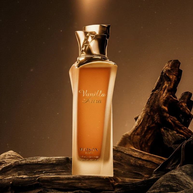 Maison Asrar Vanilla Aura Eau de Parfum 100 ml bottle – creamy vanilla gourmand fragrance with amber, sandalwood, soft florals, and musky base