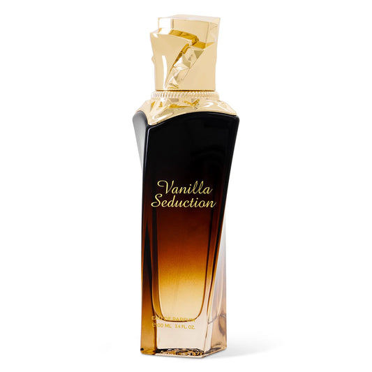 Maison Asrar Vanilla Seduction Eau de Parfum 100 ml bottle – sweet vanilla gourmand fragrance with caramel, amber, florals, and musky sandalwood base