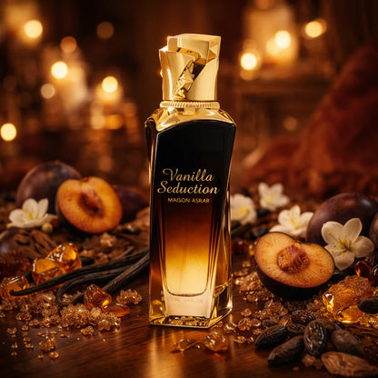 Maison Asrar Vanilla Seduction Eau de Parfum 100 ml bottle – sweet vanilla gourmand fragrance with caramel, amber, florals, and musky sandalwood base