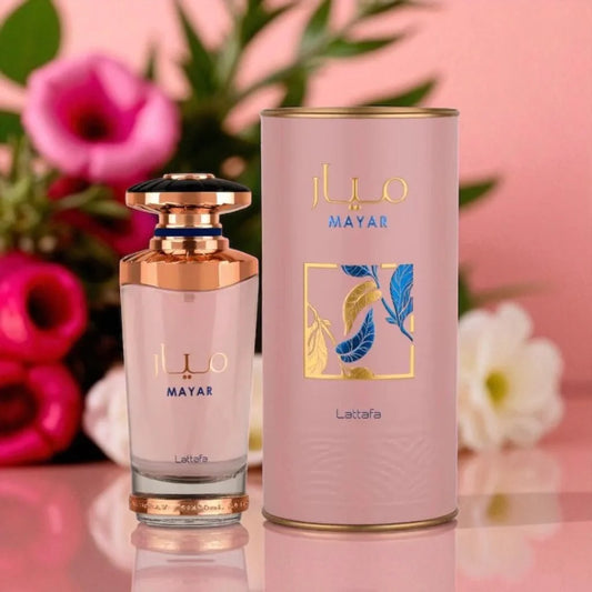 Lattafa Mayar Women 100 ml (3.4 oz) bottle – sweet berries white floral top over a clean musky amber fresh base.