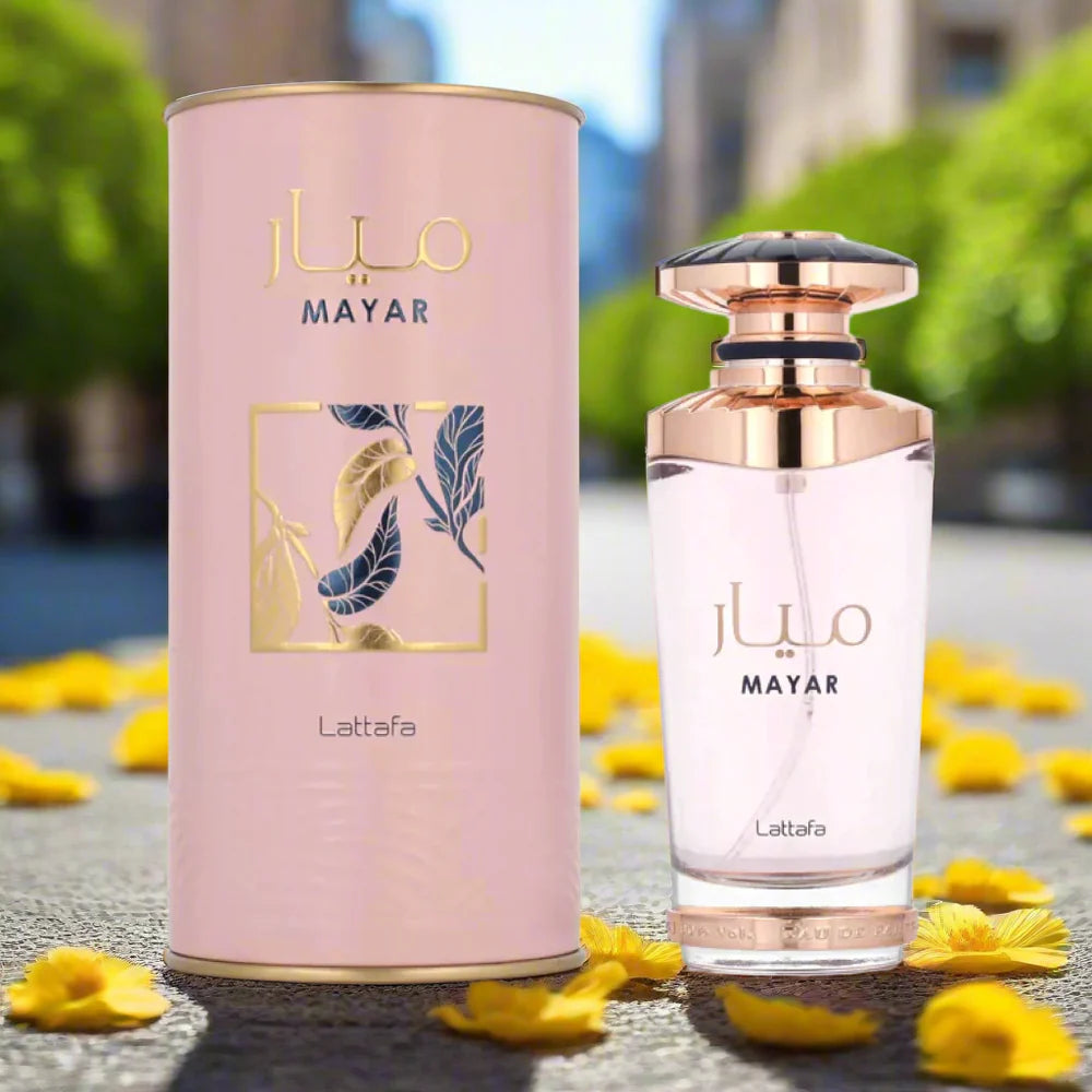 Lattafa Mayar Women 100 ml (3.4 oz) bottle – sweet berries white floral top over a clean musky amber fresh base.