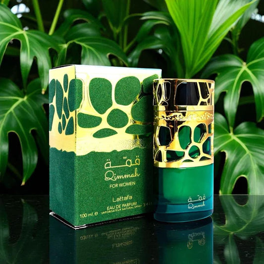 Lattafa Qimmah for Women Eau de Parfum 100 ml bottle – fruity floral vanilla fragrance with rose, jasmine, musk, and cedarwood base