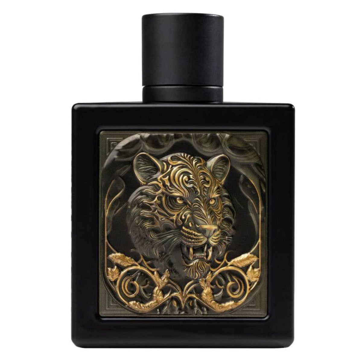 Black perfume bottle with gold tiger design on a white background