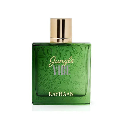 Rayhaan Jungle Vibe Eau de Parfum 100 ml bottle – fresh green woody fragrance with bergamot, lavender, cedarwood, vetiver, and musky amber base