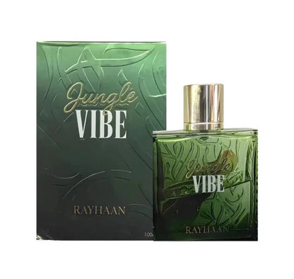Rayhaan Jungle Vibe Eau de Parfum 100 ml bottle – fresh green woody fragrance with bergamot, lavender, cedarwood, vetiver, and musky amber base