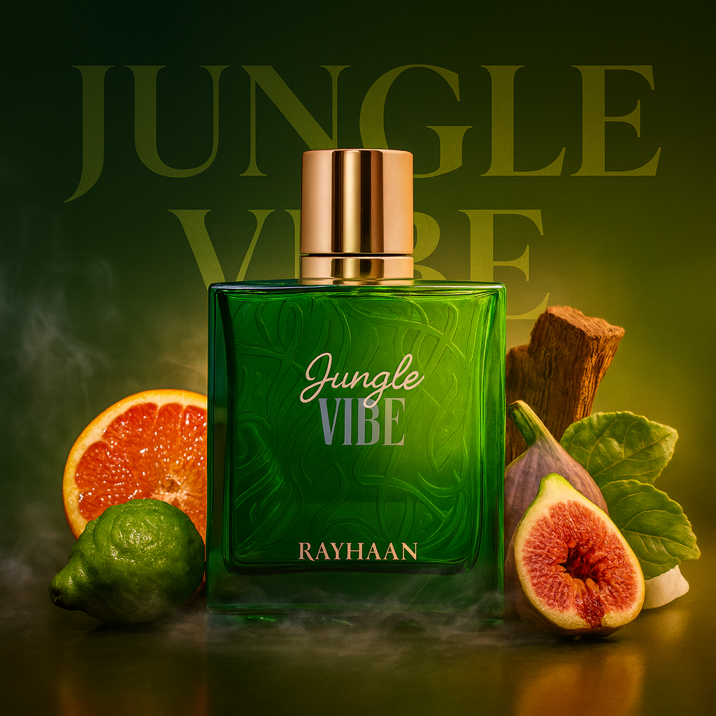 Rayhaan Jungle Vibe Eau de Parfum 100 ml bottle – fresh green woody fragrance with bergamot, lavender, cedarwood, vetiver, and musky amber base