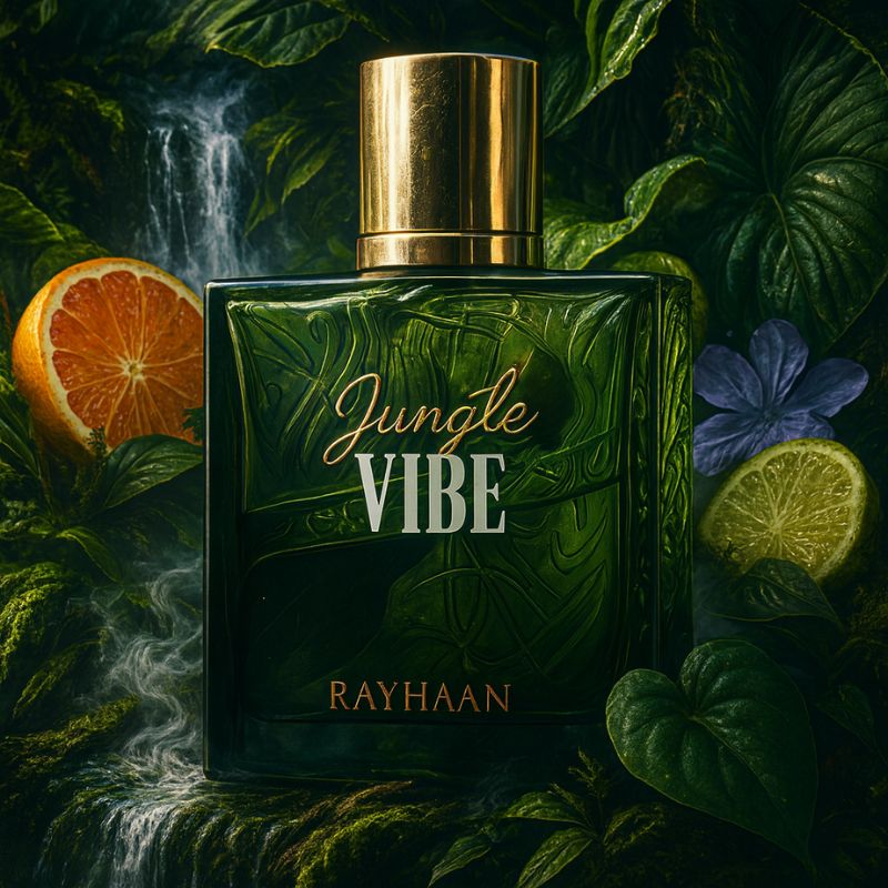 Rayhaan Jungle Vibe Eau de Parfum 100 ml bottle – fresh green woody fragrance with bergamot, lavender, cedarwood, vetiver, and musky amber base