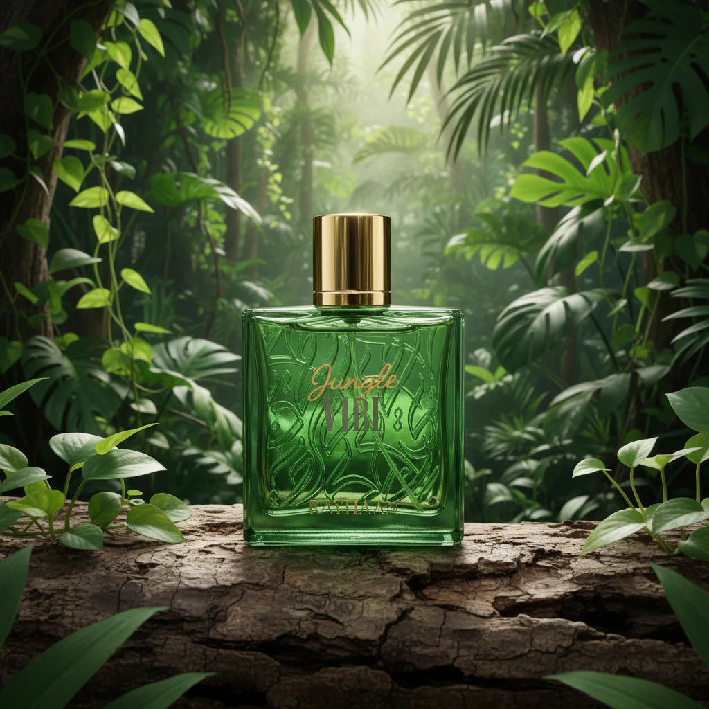 Rayhaan Jungle Vibe Eau de Parfum 100 ml bottle – fresh green woody fragrance with bergamot, lavender, cedarwood, vetiver, and musky amber base