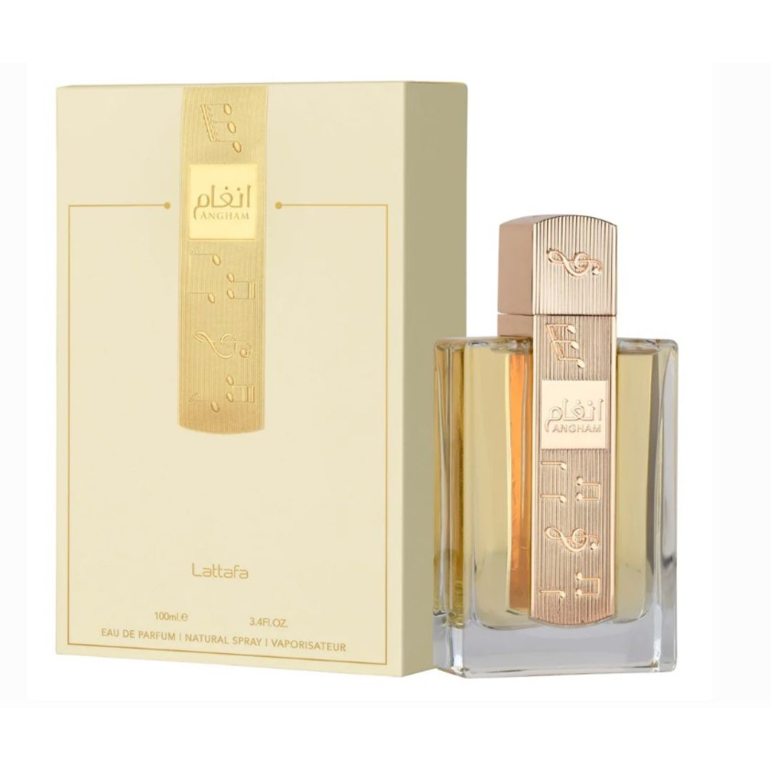 Lattafa Angham Eau de Parfum 100 ml bottle – warm vanilla gourmand fragrance with praline, cacao, amber, and musky sandalwood base